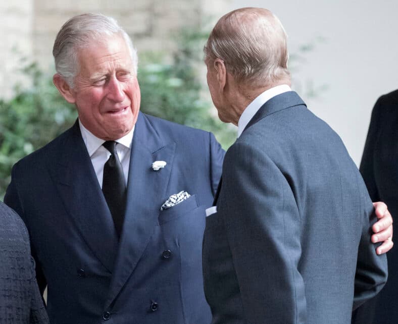 King Charles and his dad Prince Philip chatting at The funeral of The Countess Mountbatten of Burma