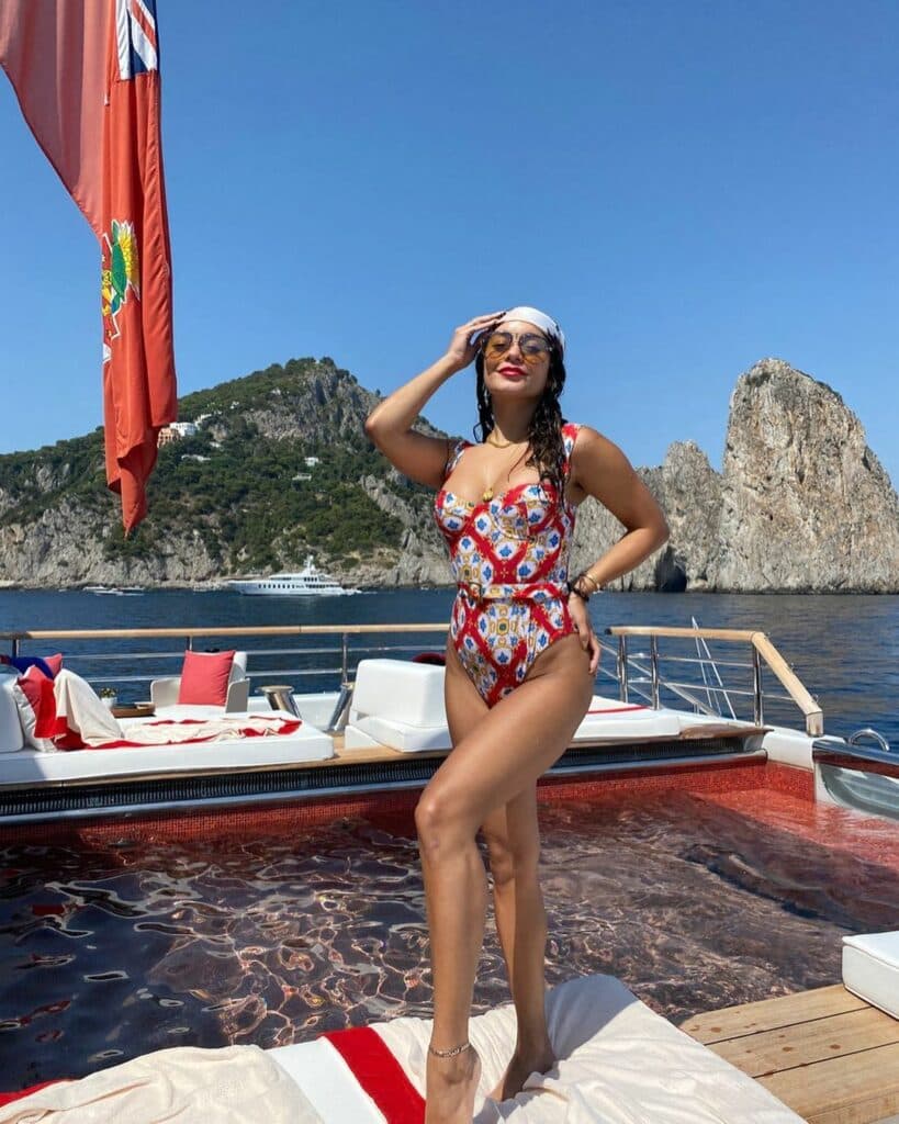 Vanessa Hudgens in a red swimsuit.