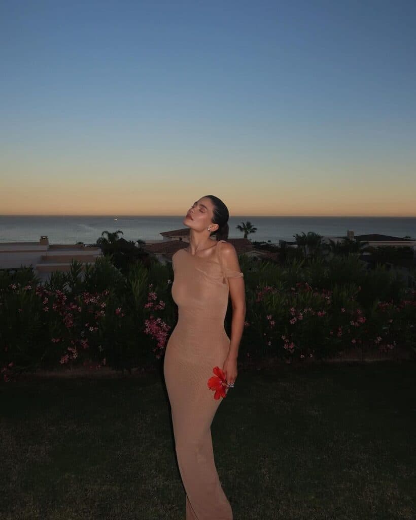 Kylie Jenner strikes a pose in her figure-hugging light brown dress.