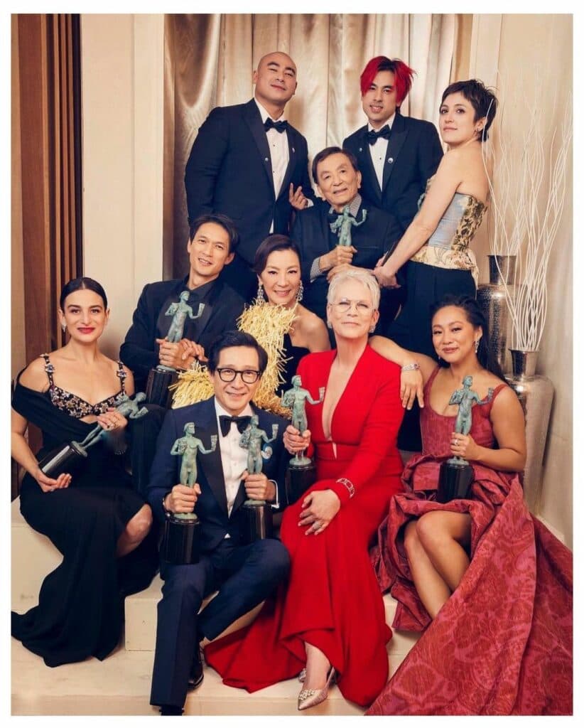 Jamie Lee Curtis with her co-stars of "Everything Everywhere All at Once"