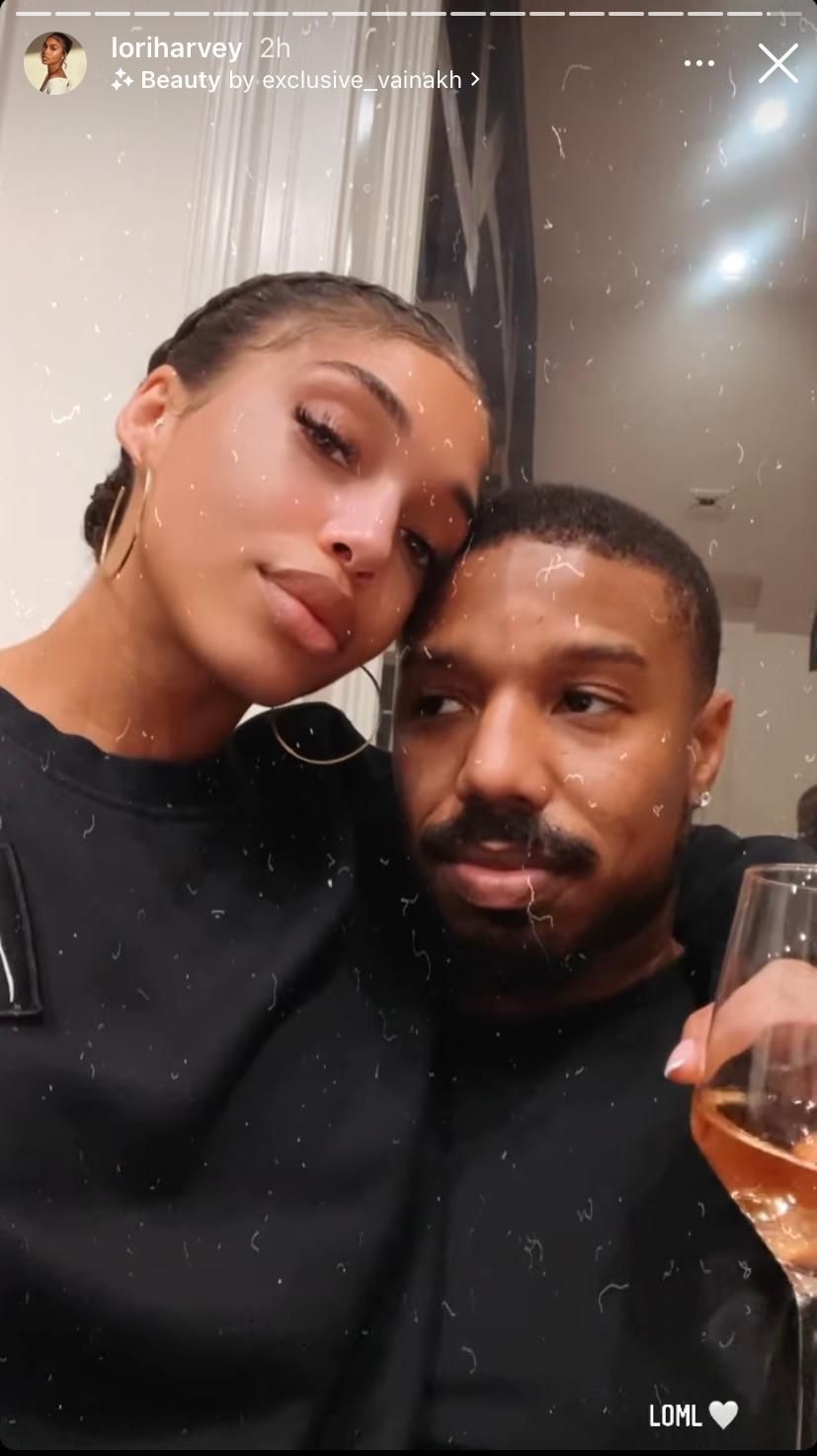 Lori Harvey and Michael B. Jordan taking a selfie, on Thanksgiving.