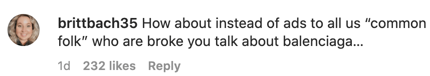 Instagram comment from brittbach35 criticizing Khloe Kardashian over Balenciaga