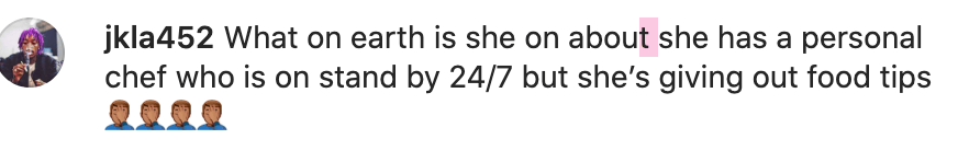 Screenshot of Instagram comment criticizing Kim Kardashian for giving cooking tips