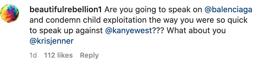Instagram comment criticizing Khloe Kardashian's silence on Balenciaga controversy