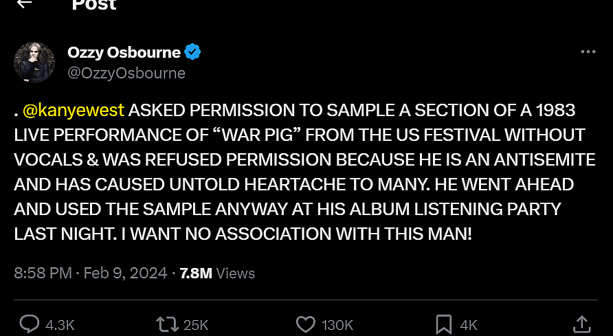 Ozzy Osbourne Slams 'Antisemite' Kanye West For Sampling 'War Pig' Without Permission