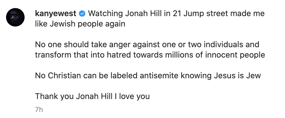 Screenshot of Kanye West's social media post about Jonah Hill and antisemitism