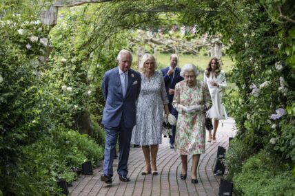 G7 Summit at The Eden project St IVes Cornwall G7 leaders and Her Majesty Queen Elizabeth II make their way for the group photo