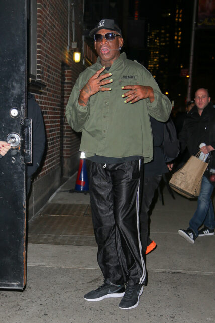 Dennis Rodman spotted showing his green nails as arriving at The Late Show with Stephen Colbert in NYC