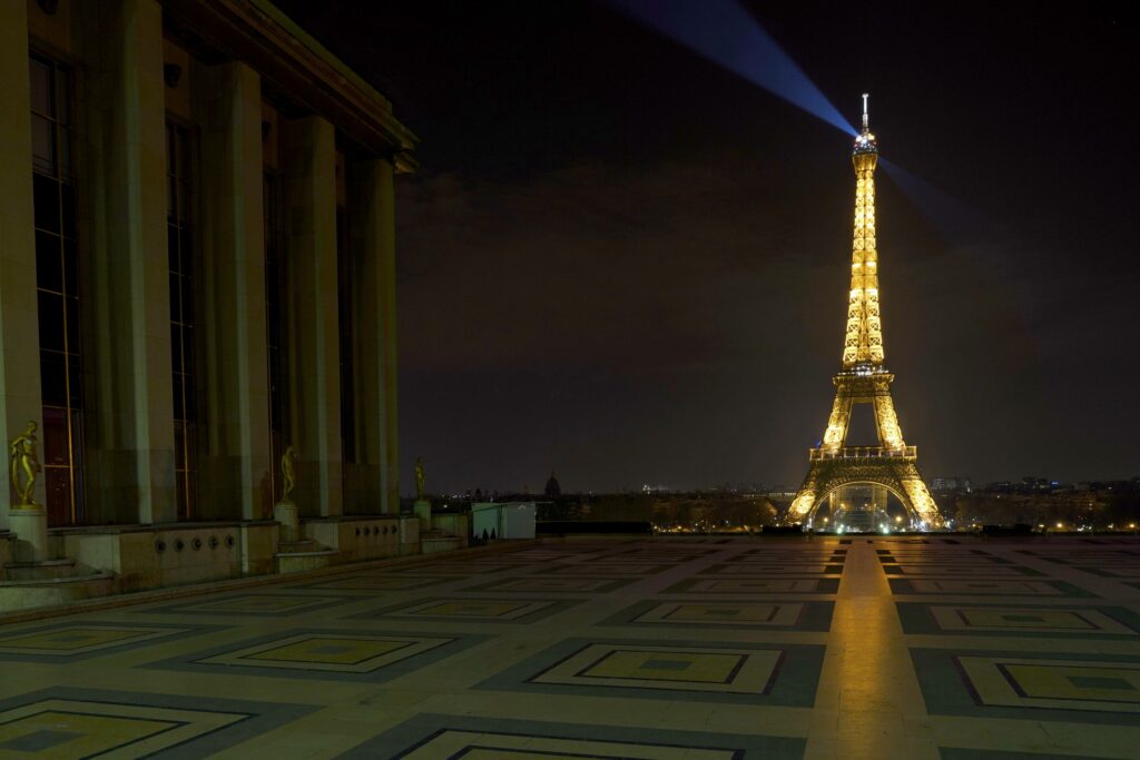 General view of empty streets by night in Paris during epidemy as the city imposes a confinement to combat the Coronavirus