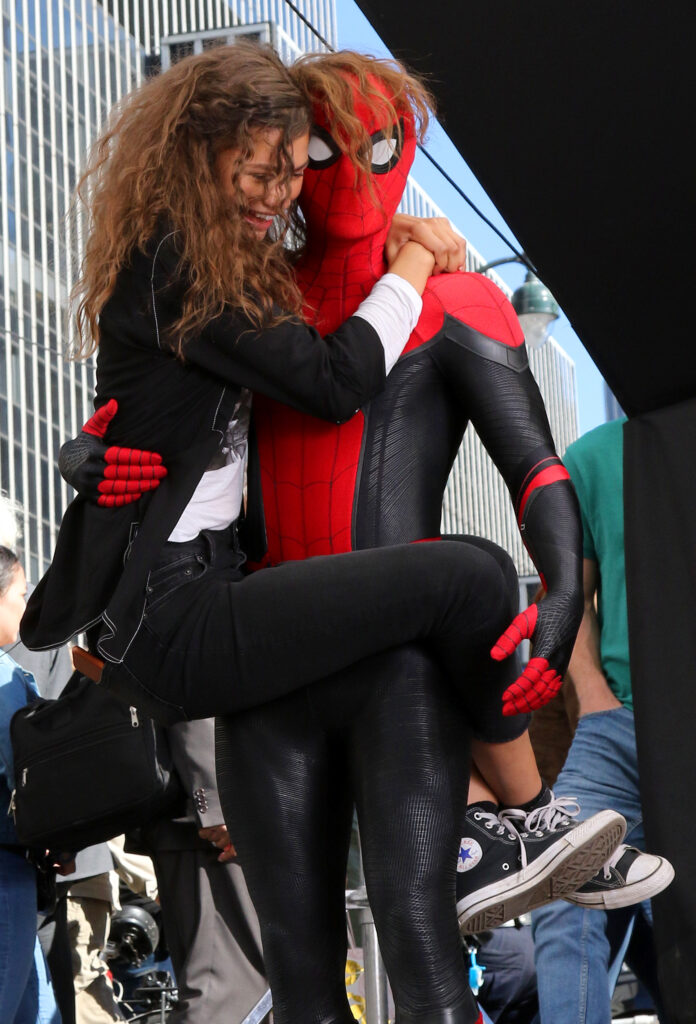 Zendaya and Tom Holland as spiderman have fun in the air while swinging into action for quot SPIDERMAN Far From Home quot in New York City