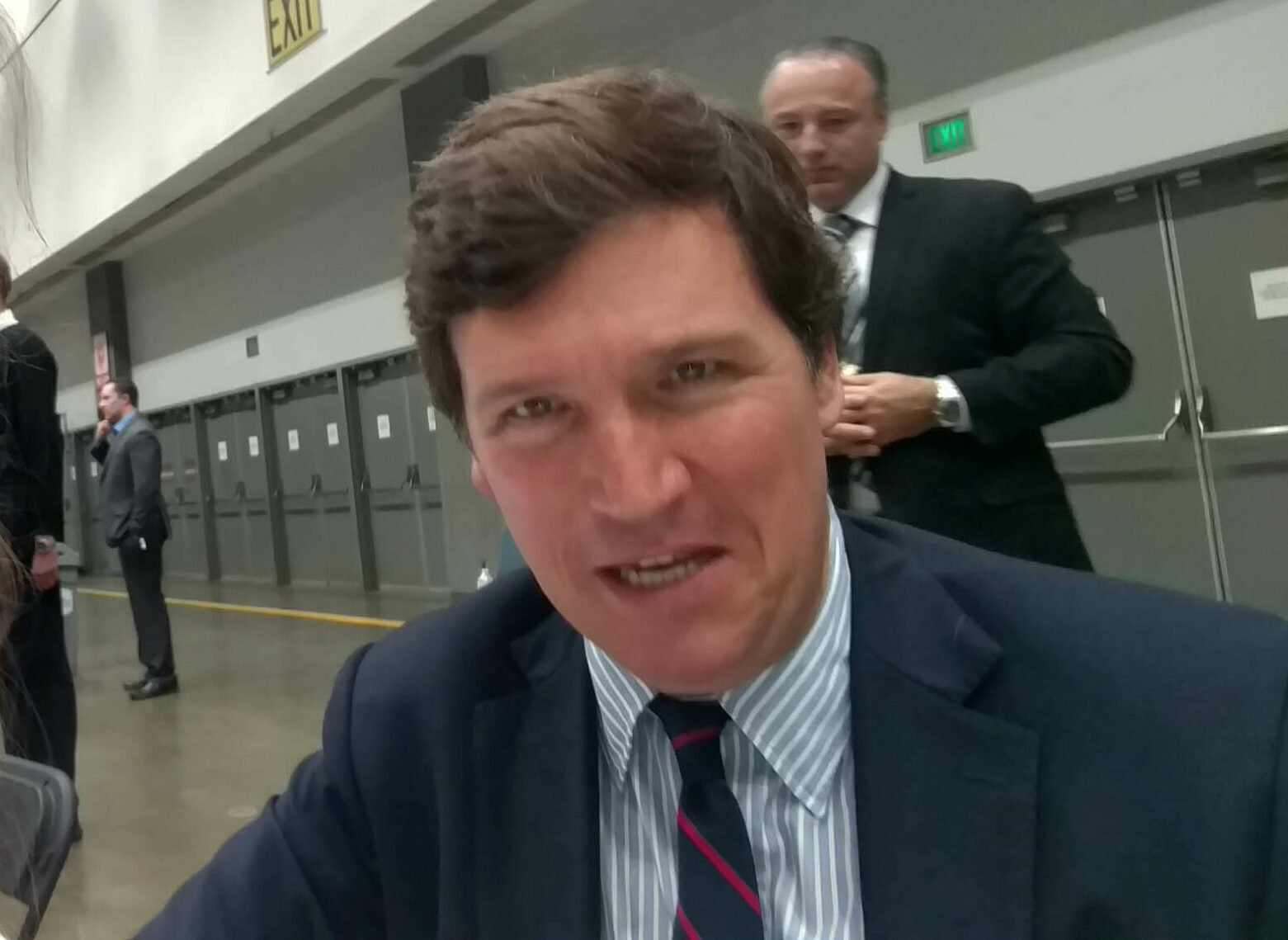 Tucker Carlson at Day 2 of Politicon 2018, Los Angeles Convention Center. 21 Oct 2018 Pictured: Alicia Arden, Tucker Carlson. Photo credit: David Edwards / MEGA TheMegaAgency.com +1 888 505 6342 (Mega Agency TagID: MEGA295175_006.jpg) [Photo via Mega Agency]