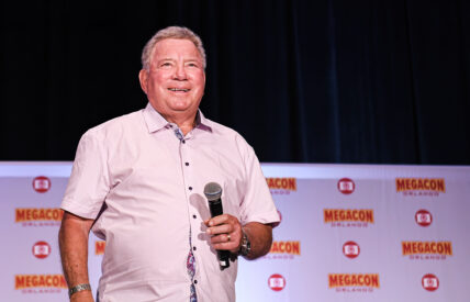 Actor William Shatner, best known for his portrayal of Captain James T. Kirk of the USS Enterprise in the Star Trek television series, movies, speaks at a Q