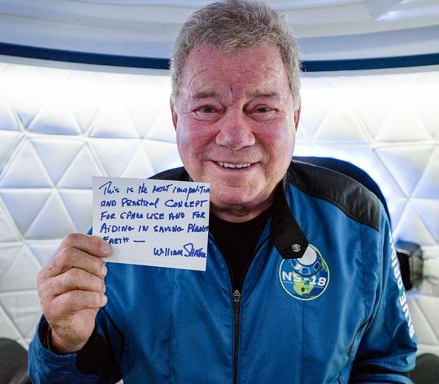 Star Trek legend William Shatner and fellow crew members in the crew capsule of Blue Origin s New Shepard rocket the day before launch