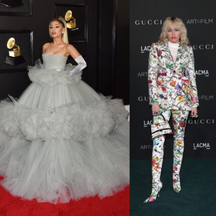 A collage photo showing Ariana Grande and Miley Cyrus