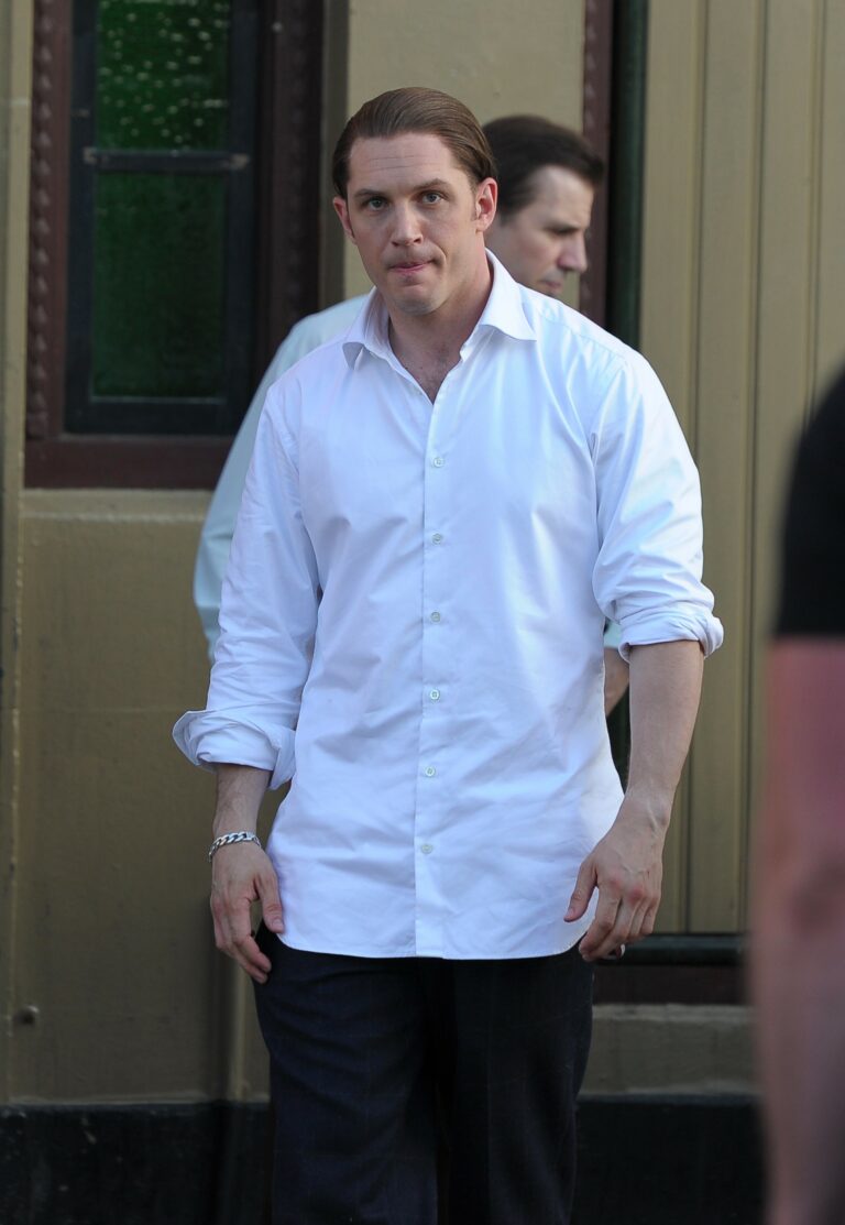 Tom Hardy Emily Browning Adam Fogerty and Paul Anderson film scenes outside The Ivy House in Nunhead near Peckham in South East London The film apos Legend apos is the story of the famous gangsters the Kray twins Hardy plays both twins in the film