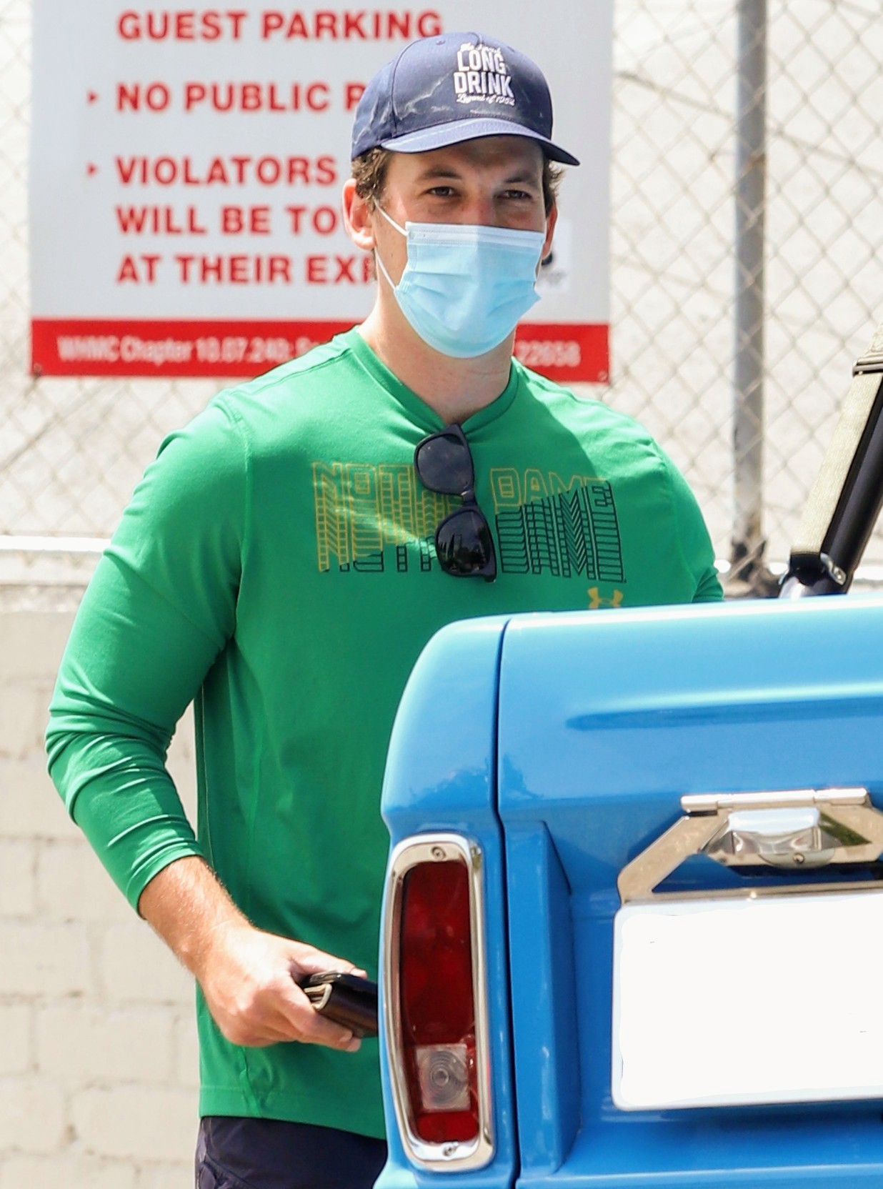Miles Teller seen after a workout in his Blue Ford Bronco