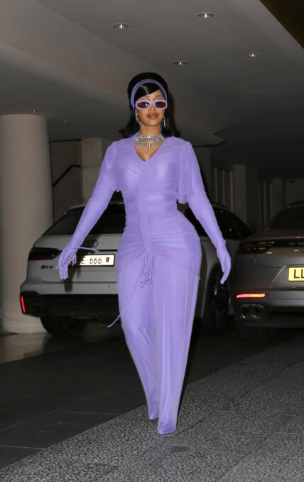 Cardi B is seen dressed in lilac outfits in Paris