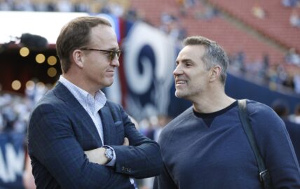Los Angeles Rams quarterback Jared Goff hands off to C.J. Anderson against the Dallas Cowboys in a NFC Divisional playoff game at the Los Angeles Memorial Coliseum. The Rams won 30-22. 12 Jan 2019 Pictured: Retired NFL quarterbacks Peyton Manning, left, and Kurt Warner talks on the sidelines before the Dallas Cowboys played the Los Angeles Rams in a NFC Divisional playoff game at the Los Angeles Memorial Coliseum. The Rams won 30-22. Photo credit: ZUMAPRESS.com / MEGA TheMegaAgency.com +1 888 505 6342 (Mega Agency TagID: MEGA337239_010.jpg) [Photo via Mega Agency]