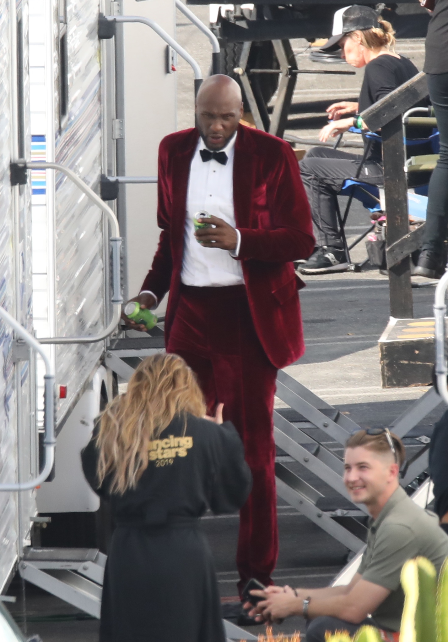 Lamar Odom seen with fiance Sabrina Parr going back to his DWTS trailer after she came with a bag for him