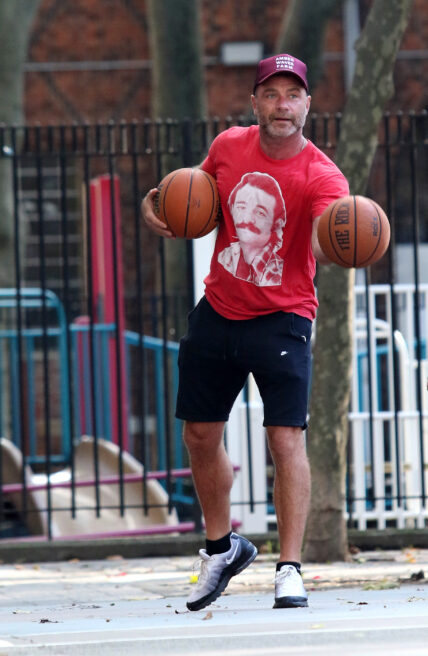 Liev Schreiber wears a Bill Murray shirt while playing basketball in NYC
