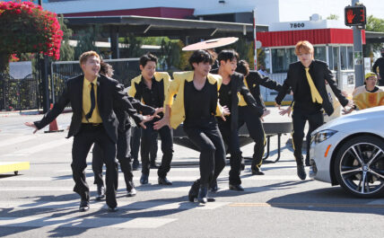 James Corden is seen filming with South Korean boy band BTS for a segment on the The Late Late Show with James Corden