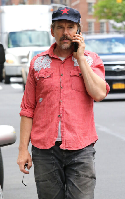 Ethan Hawke has an intense phone conversation while out and about around Manhattan's West Village Neighborhood. 15 Jun 2019 Pictured: Ethan Hawke. Photo credit: LRNYC / MEGA TheMegaAgency.com +1 888 505 6342 (Mega Agency TagID: MEGA444825_002.jpg) [Photo via Mega Agency]