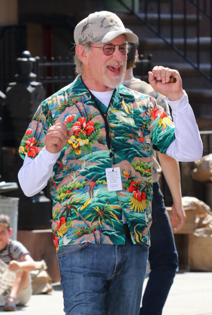 Steven Spielberg is all smiles and hard at work on the upcoming movie remake of the classic musical "West Side Story" filming in Manhattan's Harlem neighborhood. Spielberg is pictured directing the gang "The Jets" with actor Mike Faist who will play 'Riff' who is the leader of the Jets. The gang was seen doing a dance routine while filming a scene. 13 Jul 2019 Pictured: Steven Spielberg. Photo credit: LRNYC / MEGA TheMegaAgency.com +1 888 505 6342 (Mega Agency TagID: MEGA465490_001.jpg) [Photo via Mega Agency]