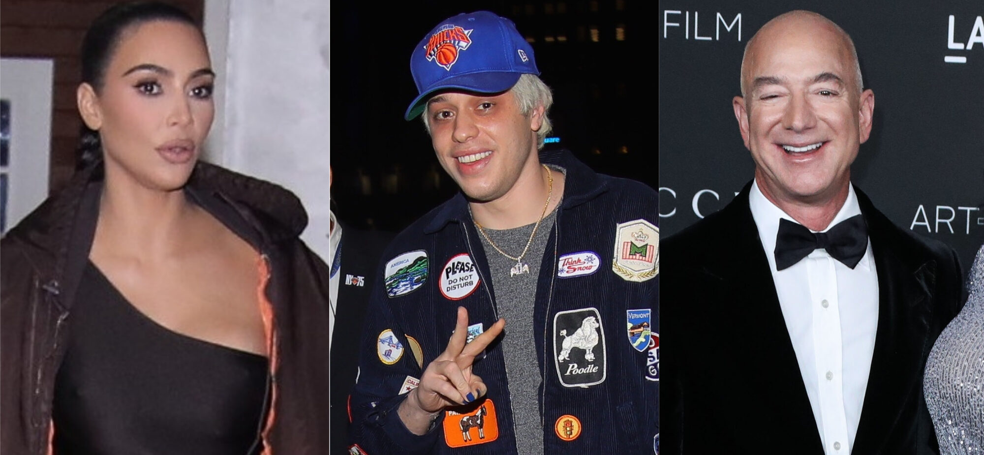 Kim Kardashian, Pete Davidson, and Jeff Bezos collage.