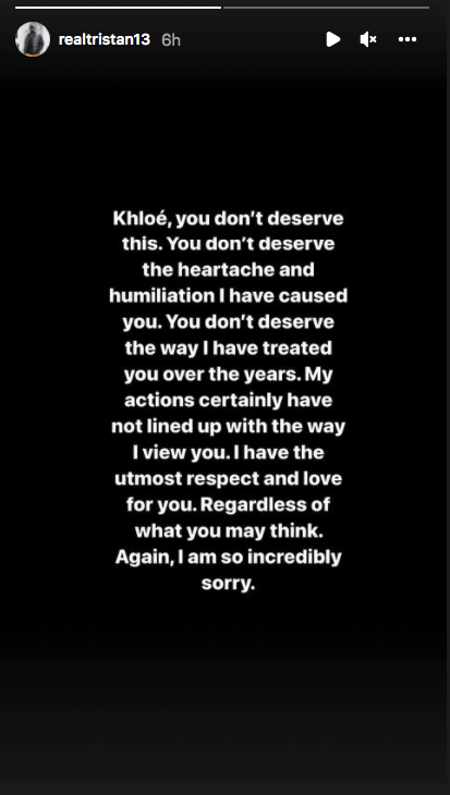 Tristan Thompson's post on his Instagram story