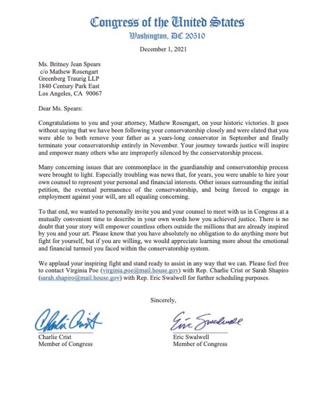 Britney Spears Receives Letter From Congress, We're 'Elated' You Beat Your Dad!