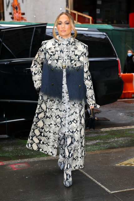 Jennifer Lopez wears a snake print ensemble