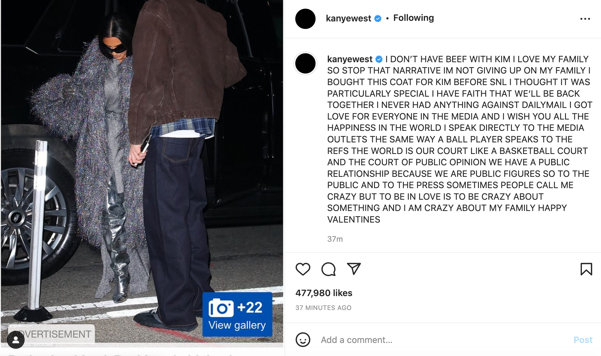 Kanye West posts about Kim Kardashian