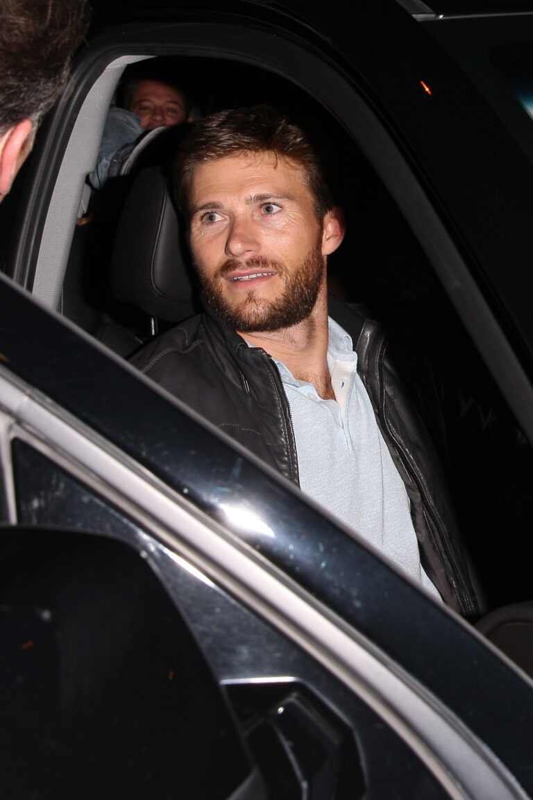 Actor Scott Eastwood is seen leaving the Delilah restaurant with a group of friends