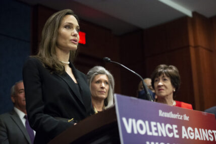 Actress Angelina Jolie speaks during a press conference announcing the bipartisan updated Violence Against Women Act (VAWA) at the US Capitol in Washington, DC on Wednesday, February 9, 2022.