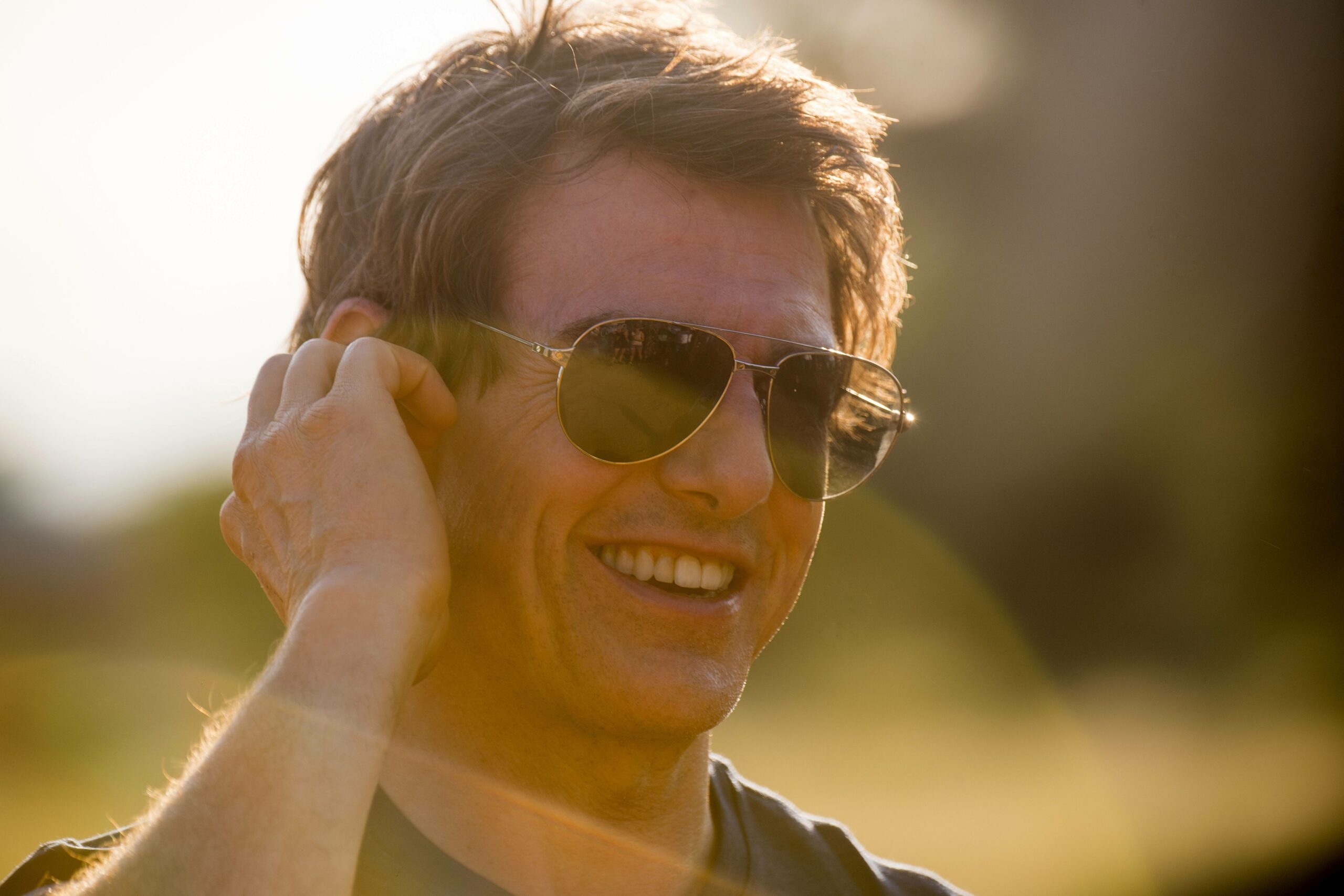 Tom Cruise greets fans after landing his helicopter in Hoedspruit South Africa