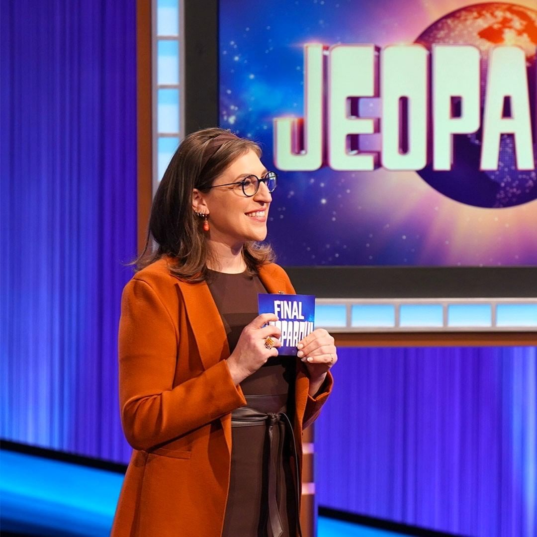 Mayim Bialik on "Jeopardy!" stage