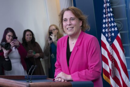 'Jeopardy!' champ Amy Schneider speaks to the media at The White House