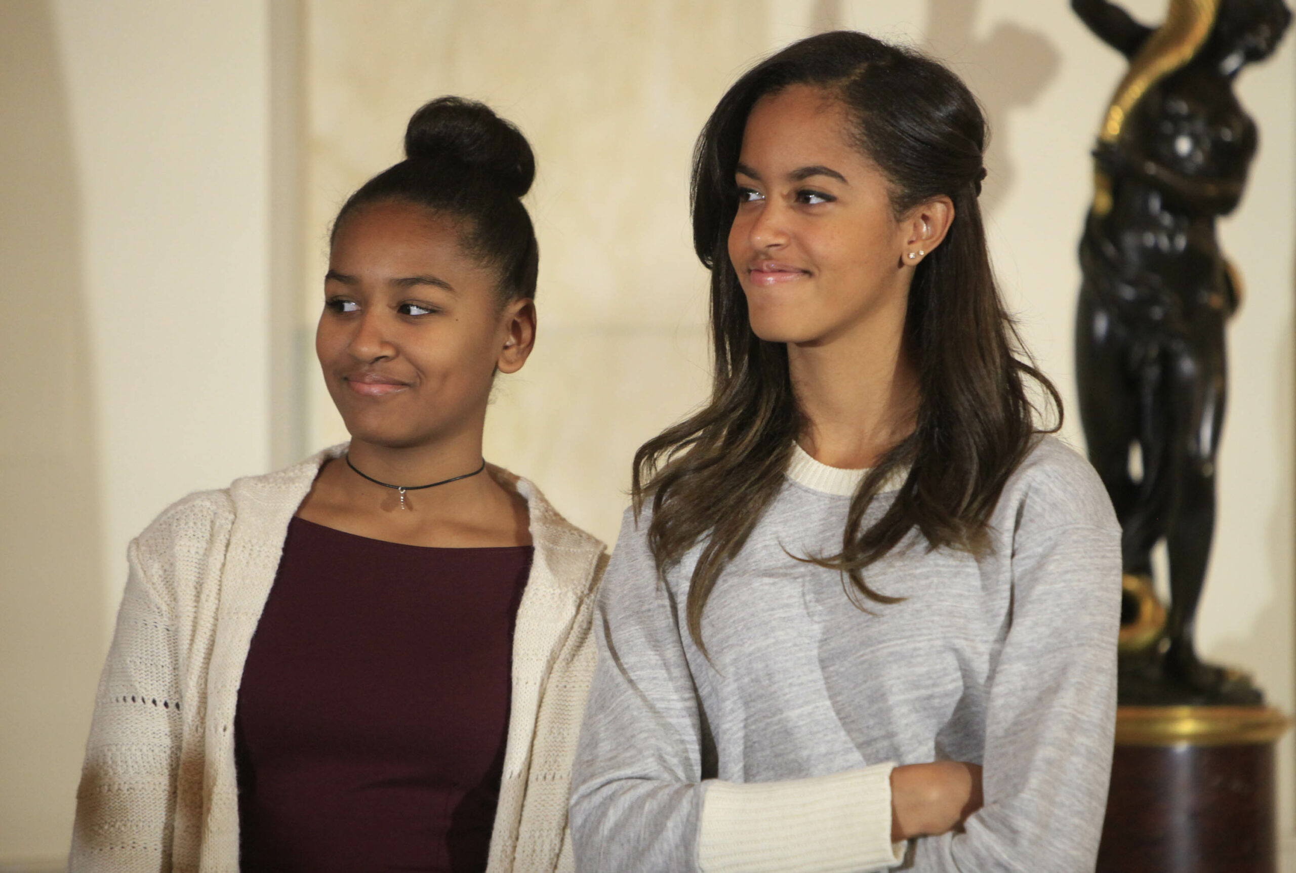 Sasha Obama & Malia Obama at Obama pardons Thanksgiving Turkey 2014