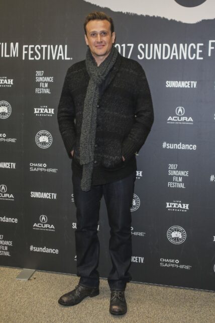 Jason Segel wears a warm winter scarf to his Sundance premiere of The Discovery in Park City