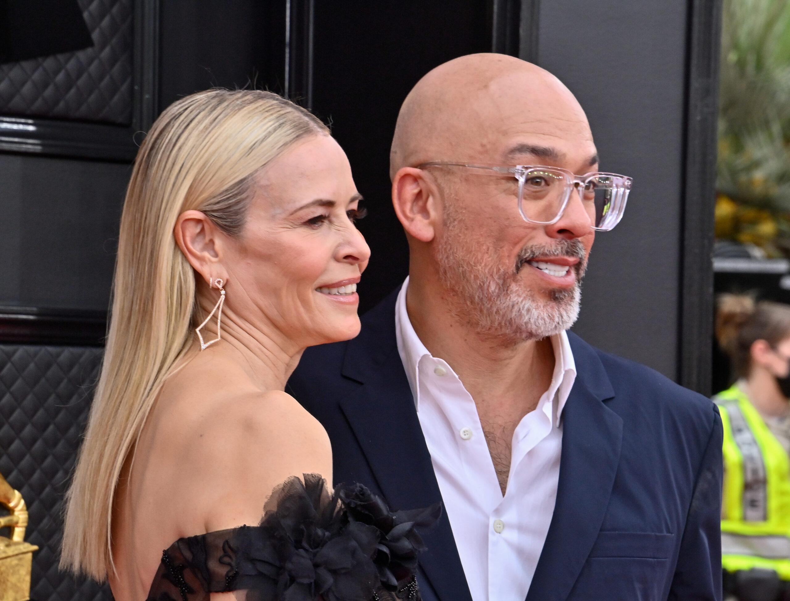 Chelsea Handler and Jo Koy arrive for the 64th annual Grammy Awards at the MGM Grand Garden Arena in Las Vegas, Nevada on Sunday, April 3, 2022.
