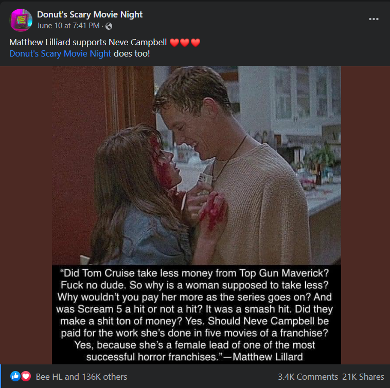 Scream Fans Support Matthew Lillard supporting Neve Campbell