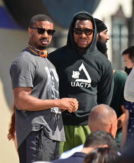 Michael B Jordan is all smiles as he directs quot Creed III quot directing a shirtless Jonathan Majors