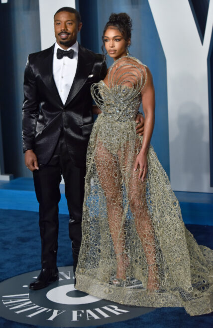 Michael B. Jordan (L) and Lori Harvey arrive for the Vanity Fair Oscar Party at the Wallis Annenberg Center for the Performing Arts in Beverly Hills, California on Sunday, March 27, 2022