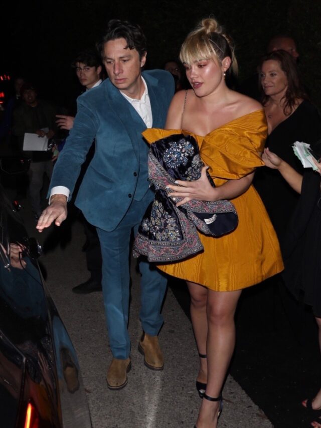 Oscar nominee Florence Pugh is seen stunning as she leaves with boyfriend Zach Braff at the WME Oscar party