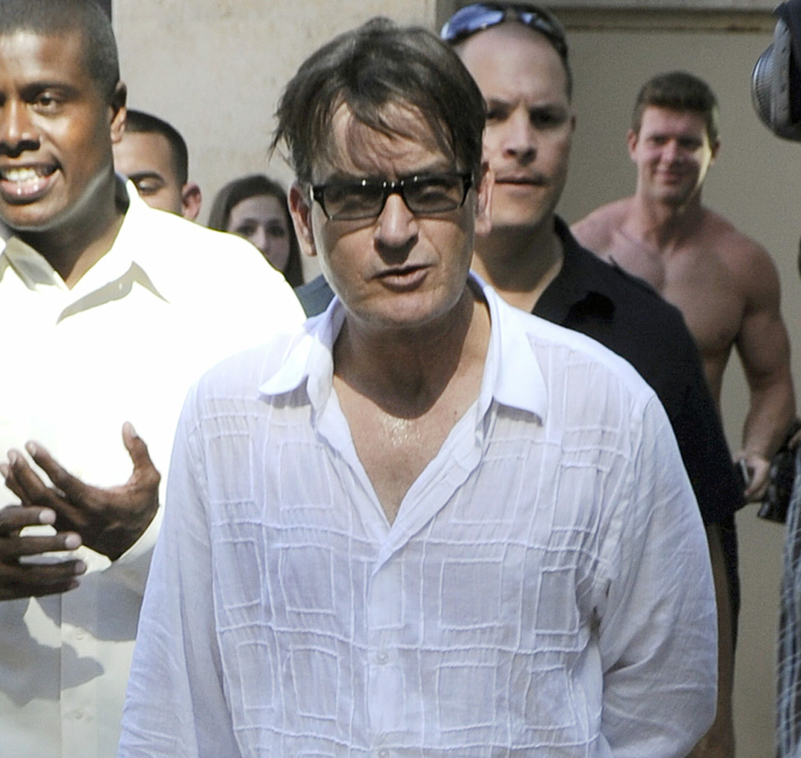 Actor Charlie Sheen is seen giving an interview with Billy Bush during NATPE 2012 in Miami Beach