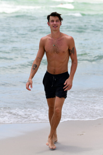 Shirtless Shawn Mendes looks happy as he has fun on the beach on his birthday in Miami