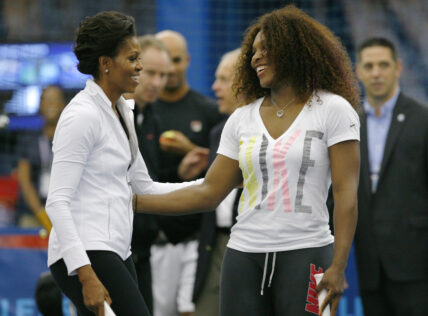Former First Lady Michelle Obama participated in "Lets Move!" tennis clinic at the U.S. Open in New York with Serena Williams