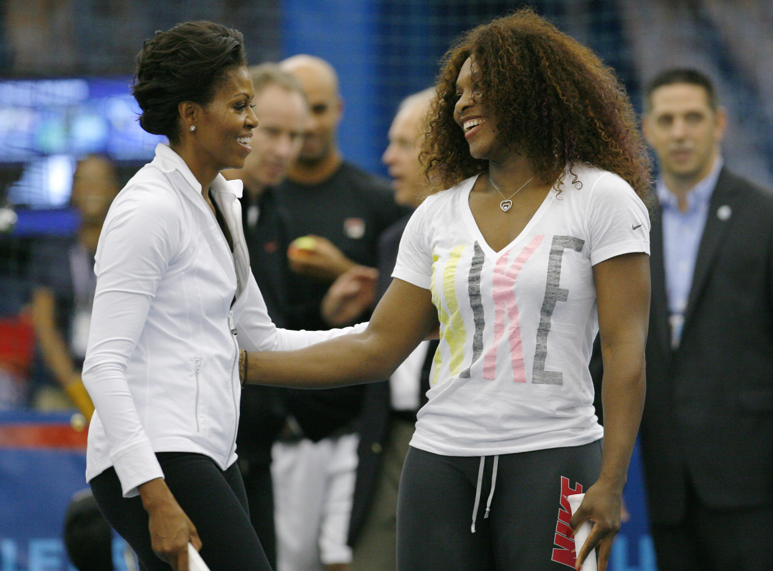 Former First Lady Michelle Obama participated in "Lets Move!" tennis clinic at the U.S. Open in New York with Serena Williams