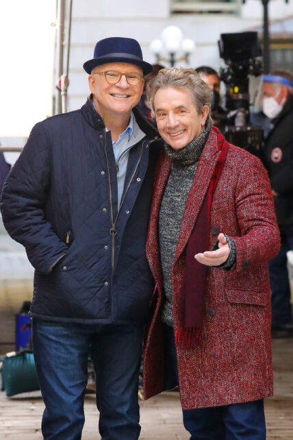 Martin Short and Steve Martin are all smiling while posing for the photographers in NYC on Feb 24, 2021