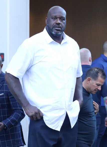 Shaquille O'Neil seen leaving the pre Super Bowl star studded party at Spago restaurant